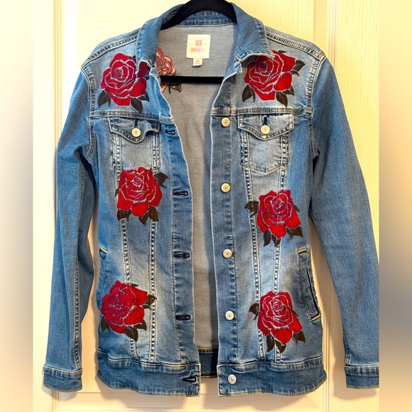 LuLaRoe Jackets & Blazers - LuLaRoe Jaxon Rose Embroidered Stretch Denim Jean Jacket